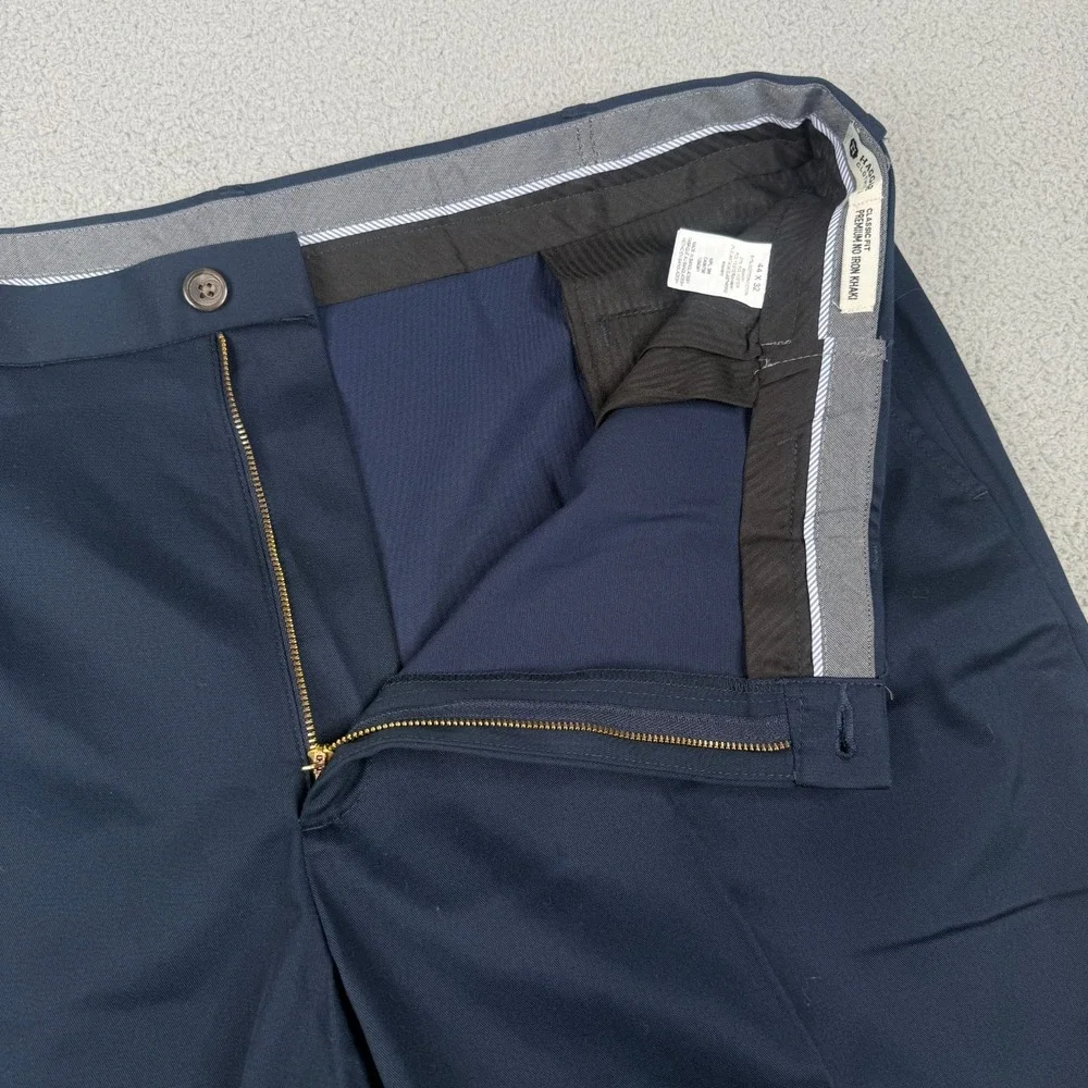 Haggar Premium No Iron Khaki Pants Mens 44x32 Navy Flat Classic Fit Stretch NWT